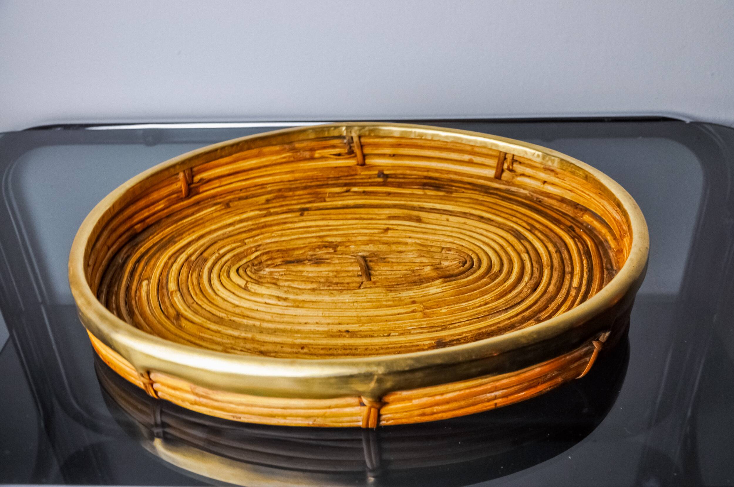 Rattan and brass tray, Italy, 1970