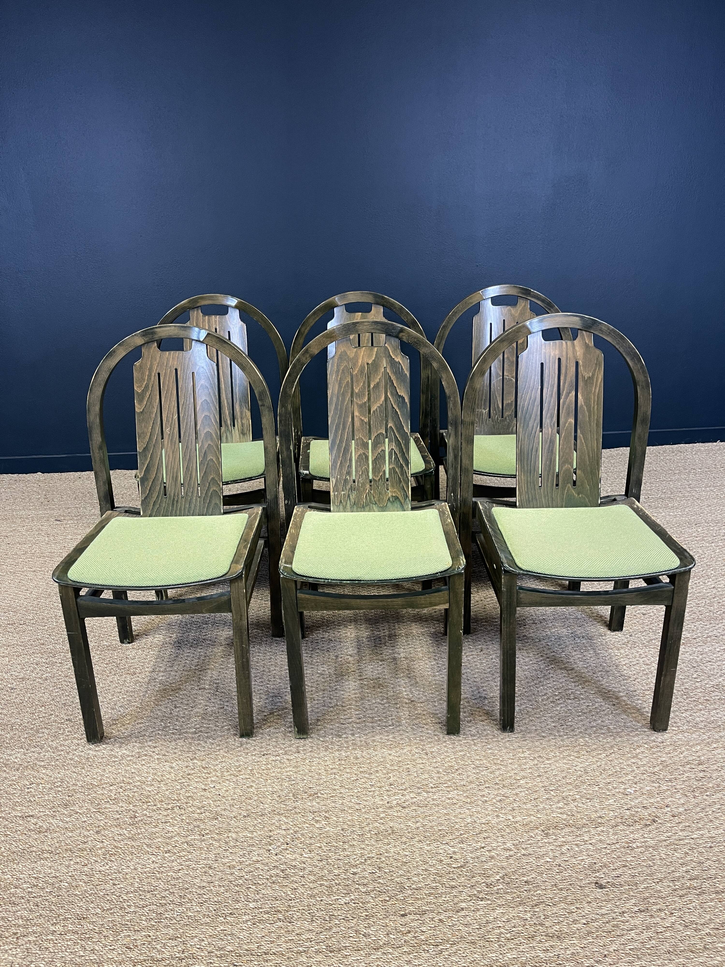 Set of 6 Baumann Argos bistro chairs in wood and green fabric from the 80s France