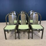 Set of 6 Baumann Argos bistro chairs in wood and green fabric from the 80s France