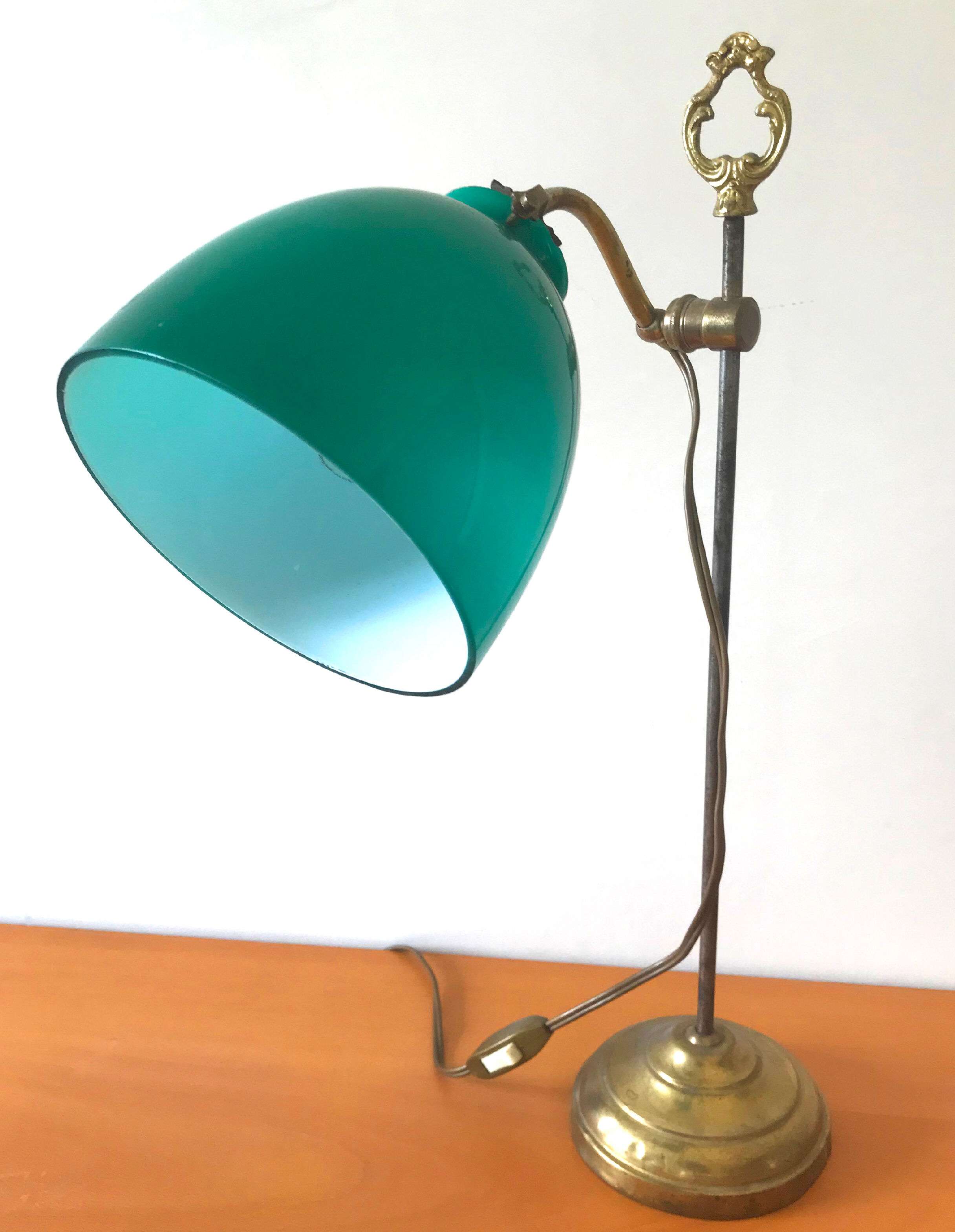 Desk with green opaline globe lamp