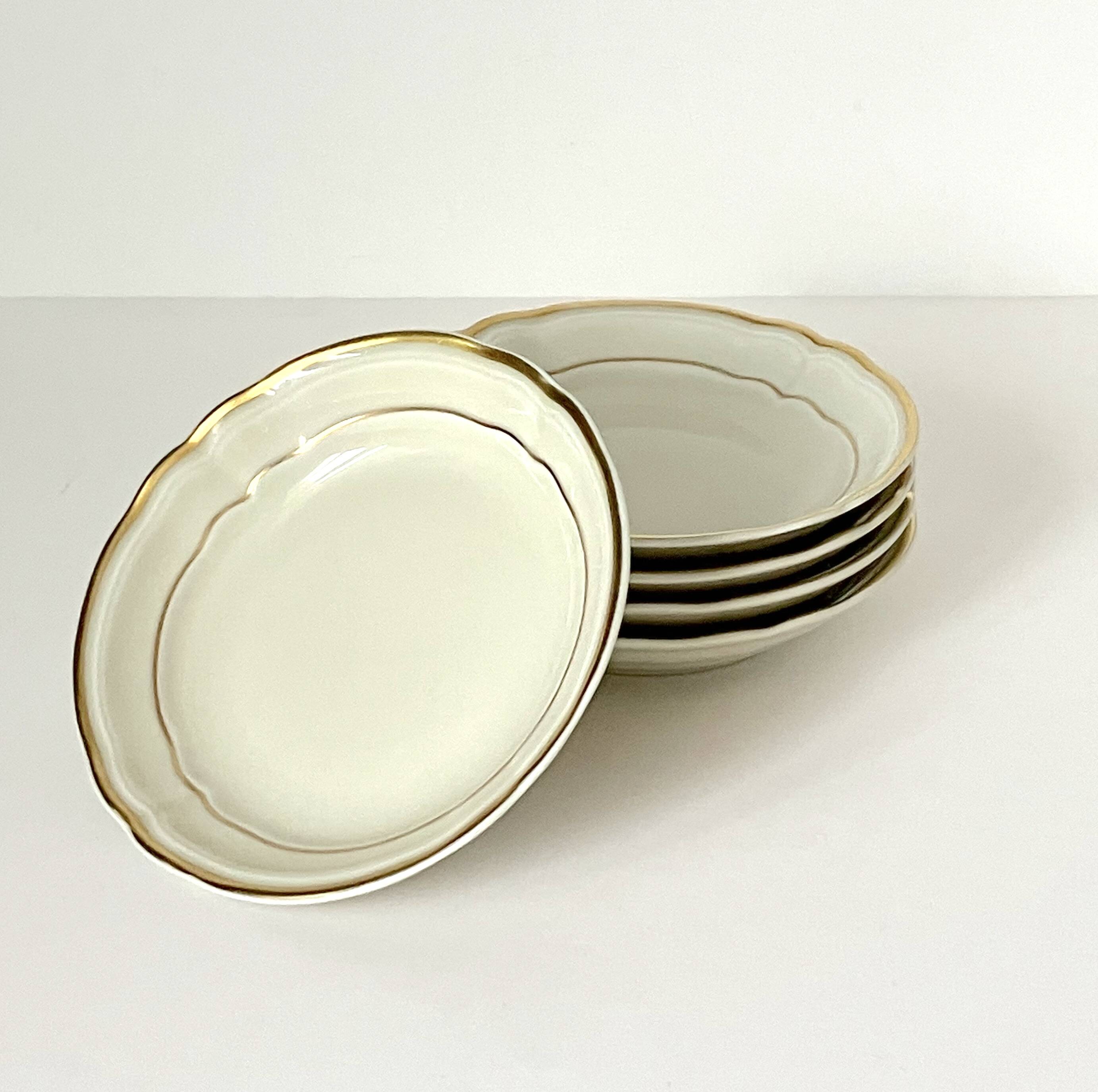 5 Bernardaud Limoges porcelain dessert bowls, Louis XV model, ivory with gold edging