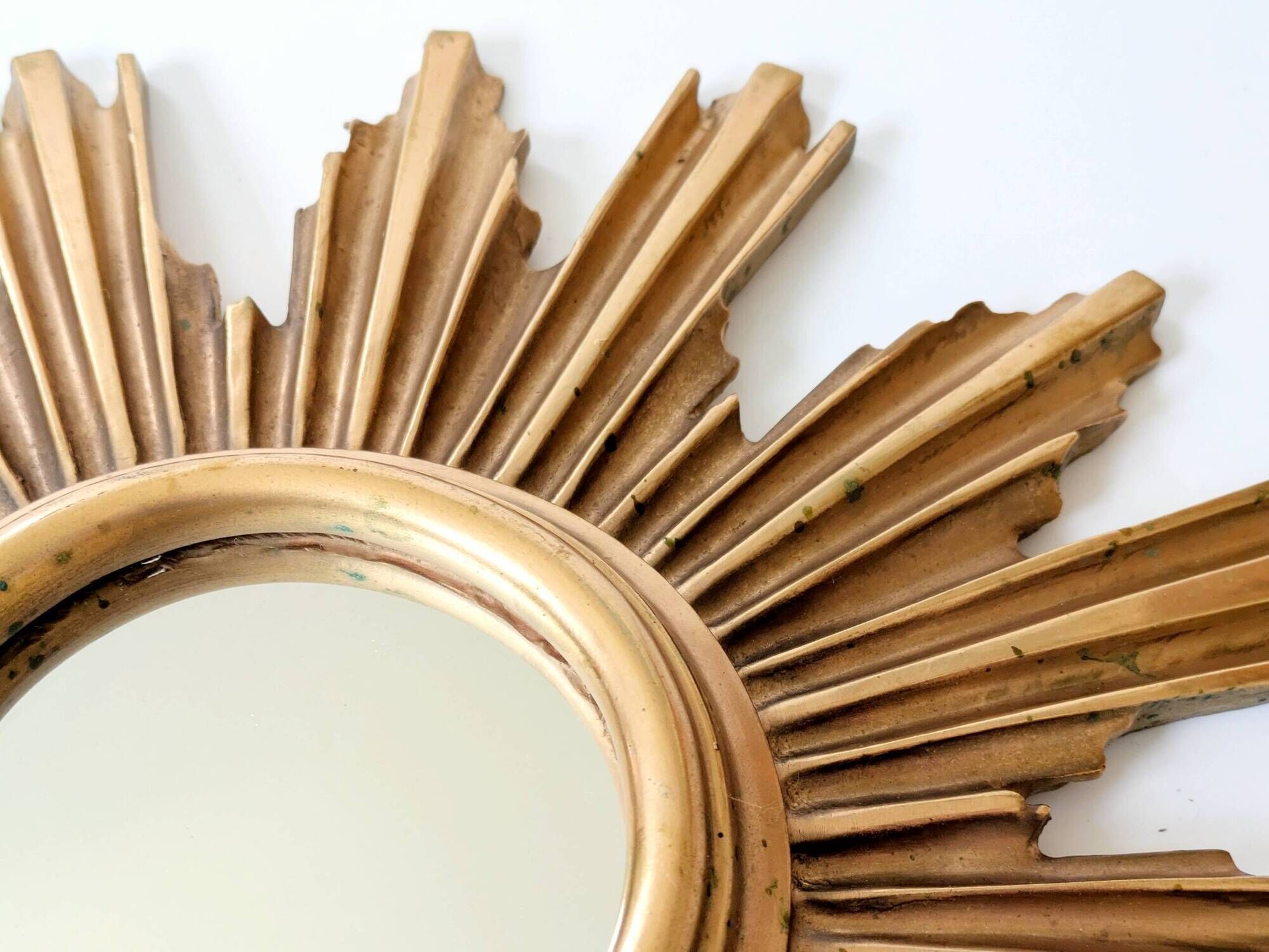 Vintage sunburst mirror in wood and gold resin, 1960s–70s