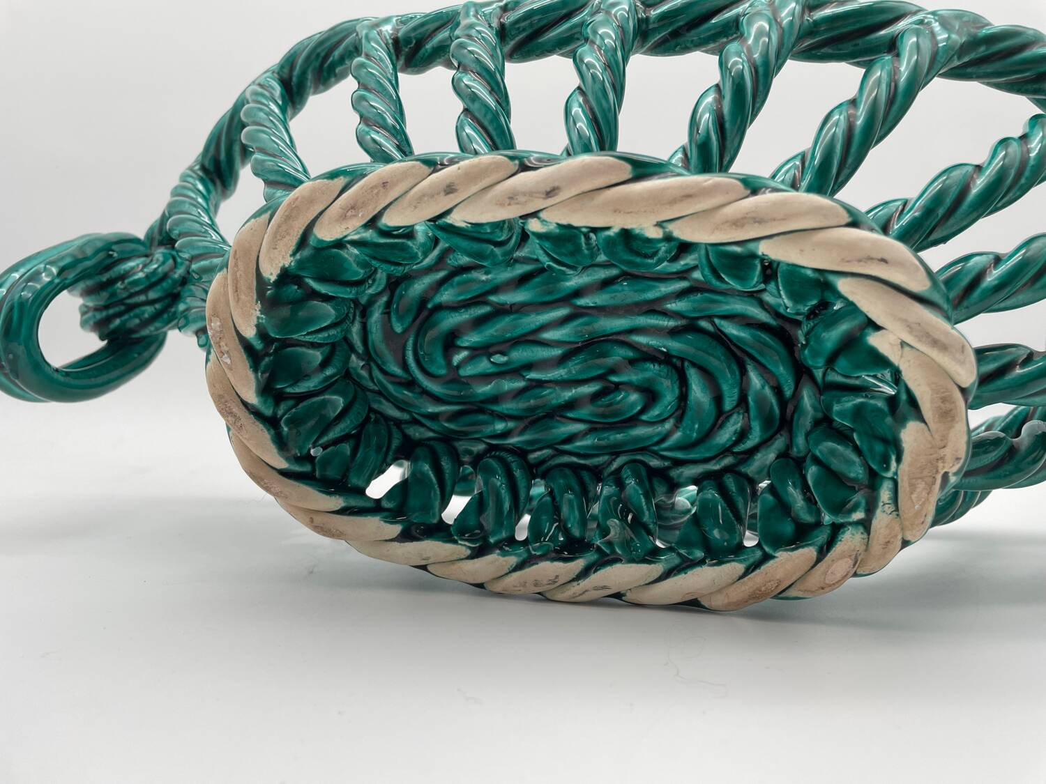 Vintage fruit basket in green enamelled woven earthenware