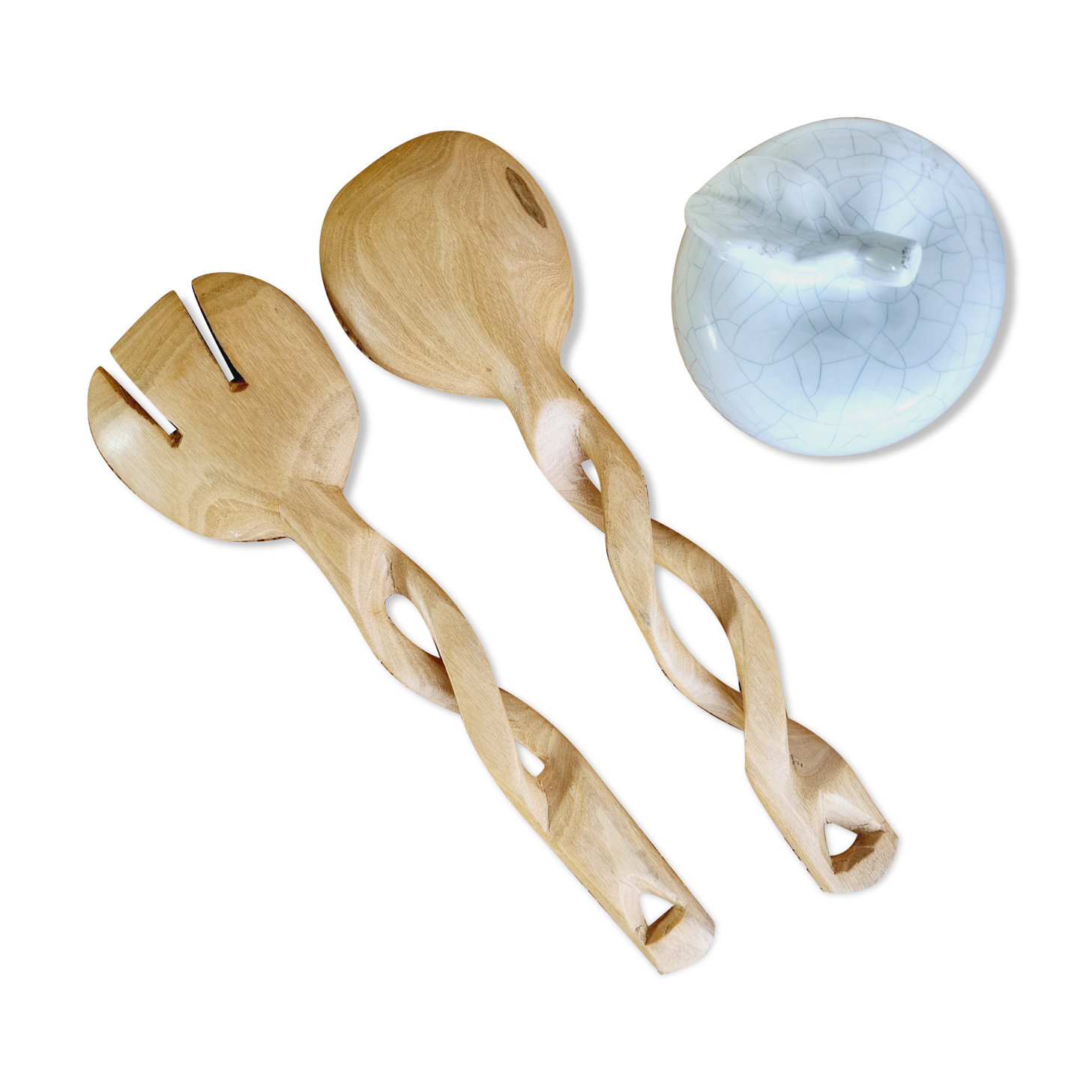 Set of hand-carved olive wood salad cutlery