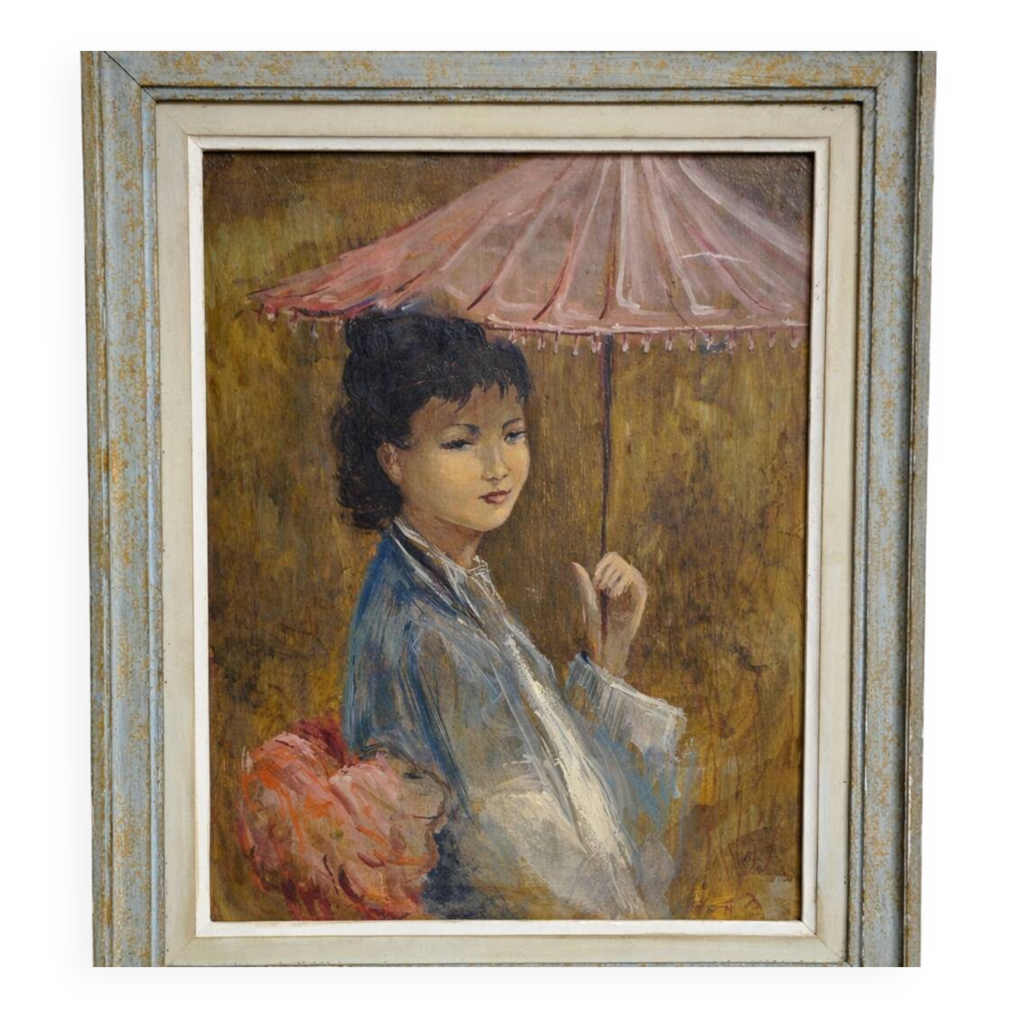 R. Milot – Young Woman with a Parasol – Oil on Panel – Art Deco Period