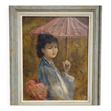 R. Milot – Young Woman with a Parasol – Oil on Panel – Art Deco Period
