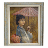 R. Milot – Young Woman with a Parasol – Oil on Panel – Art Deco Period