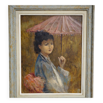 R. Milot – Young Woman with a Parasol – Oil on Panel – Art Deco Period