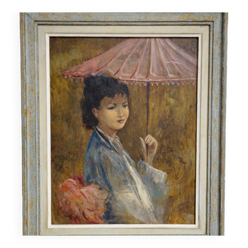 R. Milot – Young Woman with a Parasol – Oil on Panel – Art Deco Period