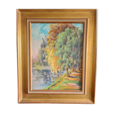 Les arbres sur la berge - huile sur panneau post-impressionniste