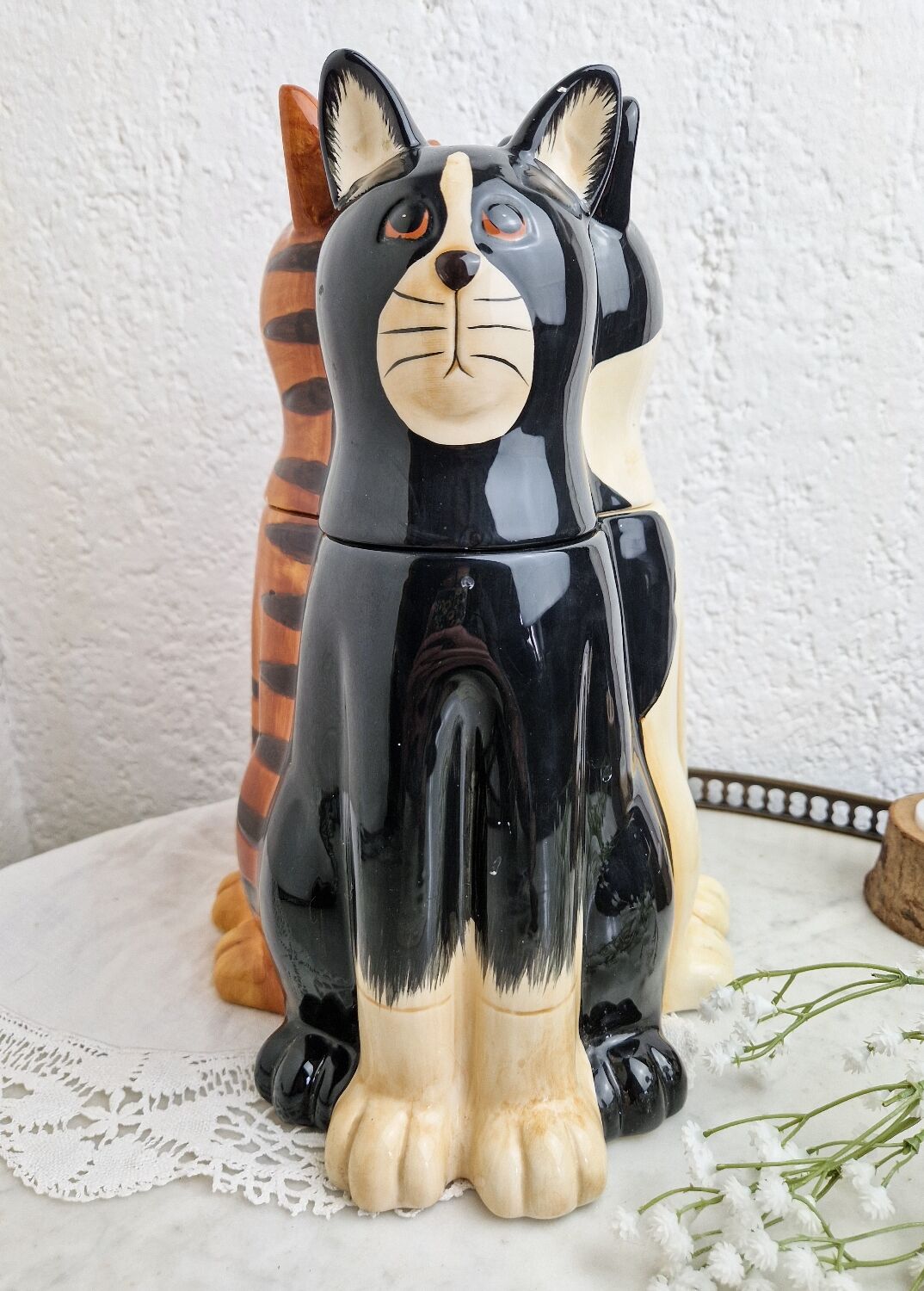 Cat cookie jar, ceramic cookie jar three vintage cats
