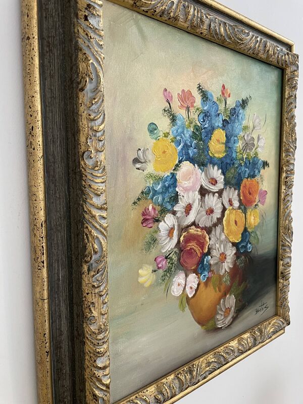 Peinture à l'huile, nature morte au bouquet, fleurs, signé betez, décor floral, cadre bois, art