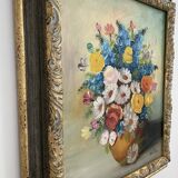 Oil painting, still life with bouquet, flowers, signed betez, floral decor, wooden frame, art