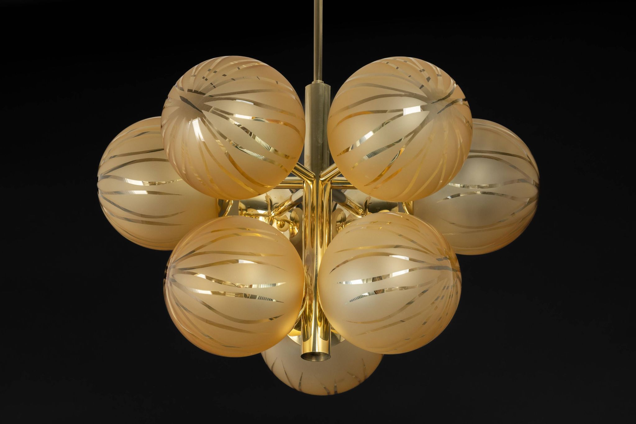 Large Sputnik chandelier in opaline and brass, Germany, 1970s.