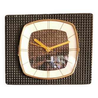 Vintage formica clock rectangular silent wall pendulum "Trophy black reliefs"