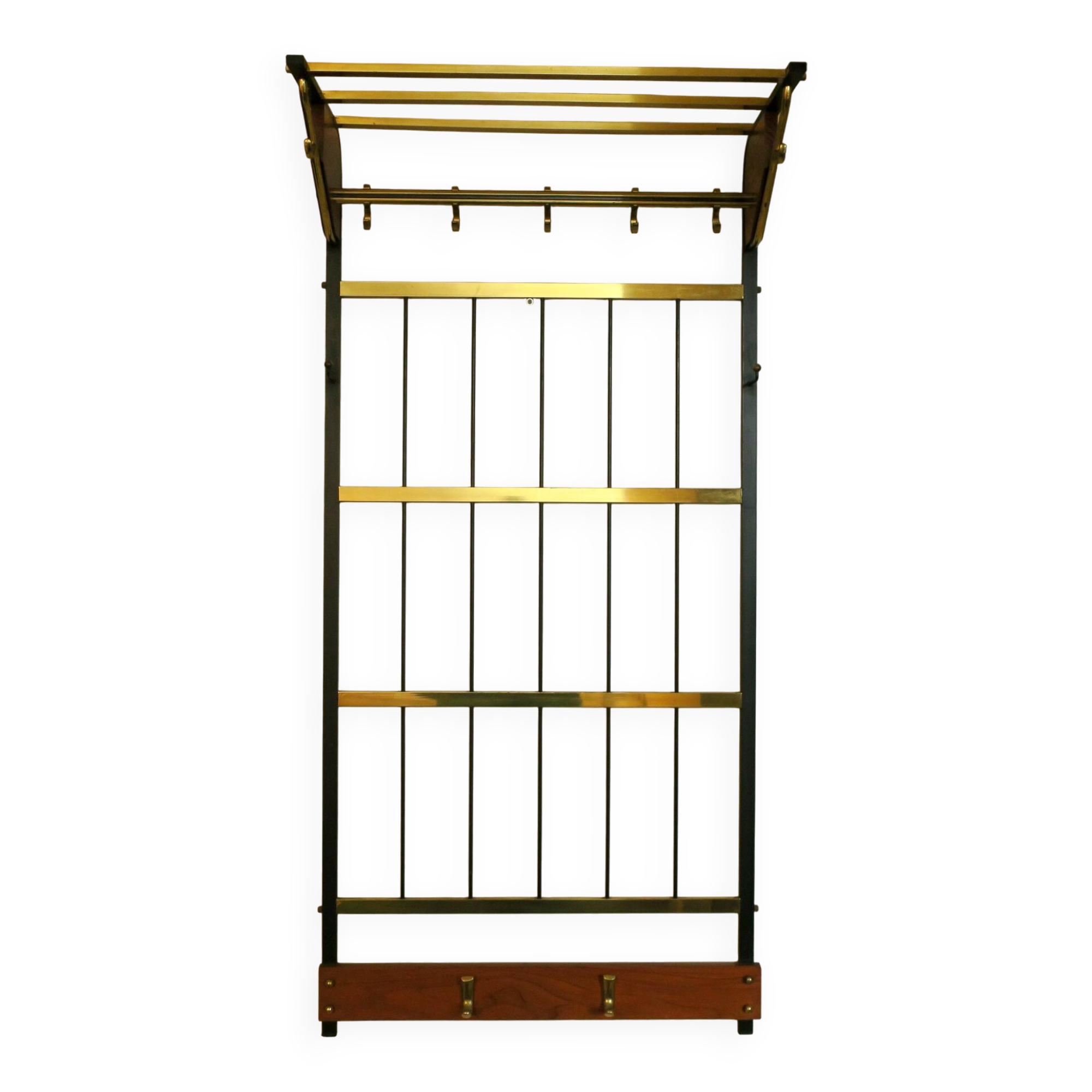 Mid-century brass and teak wall coat rack, 1960s