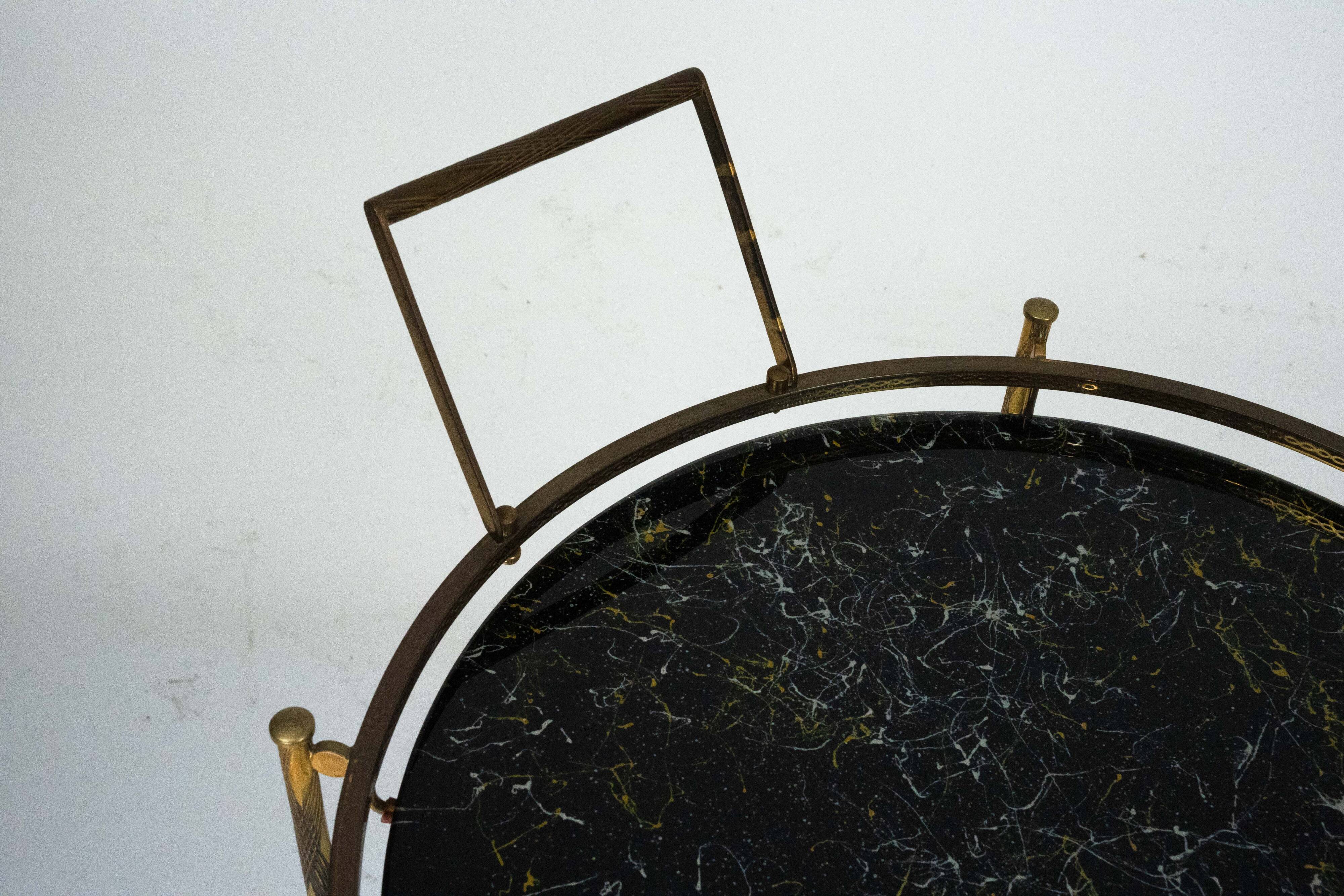 Round Mid-Century Brass and Marble-Effect Glass Bar Cart. Italy 1950s