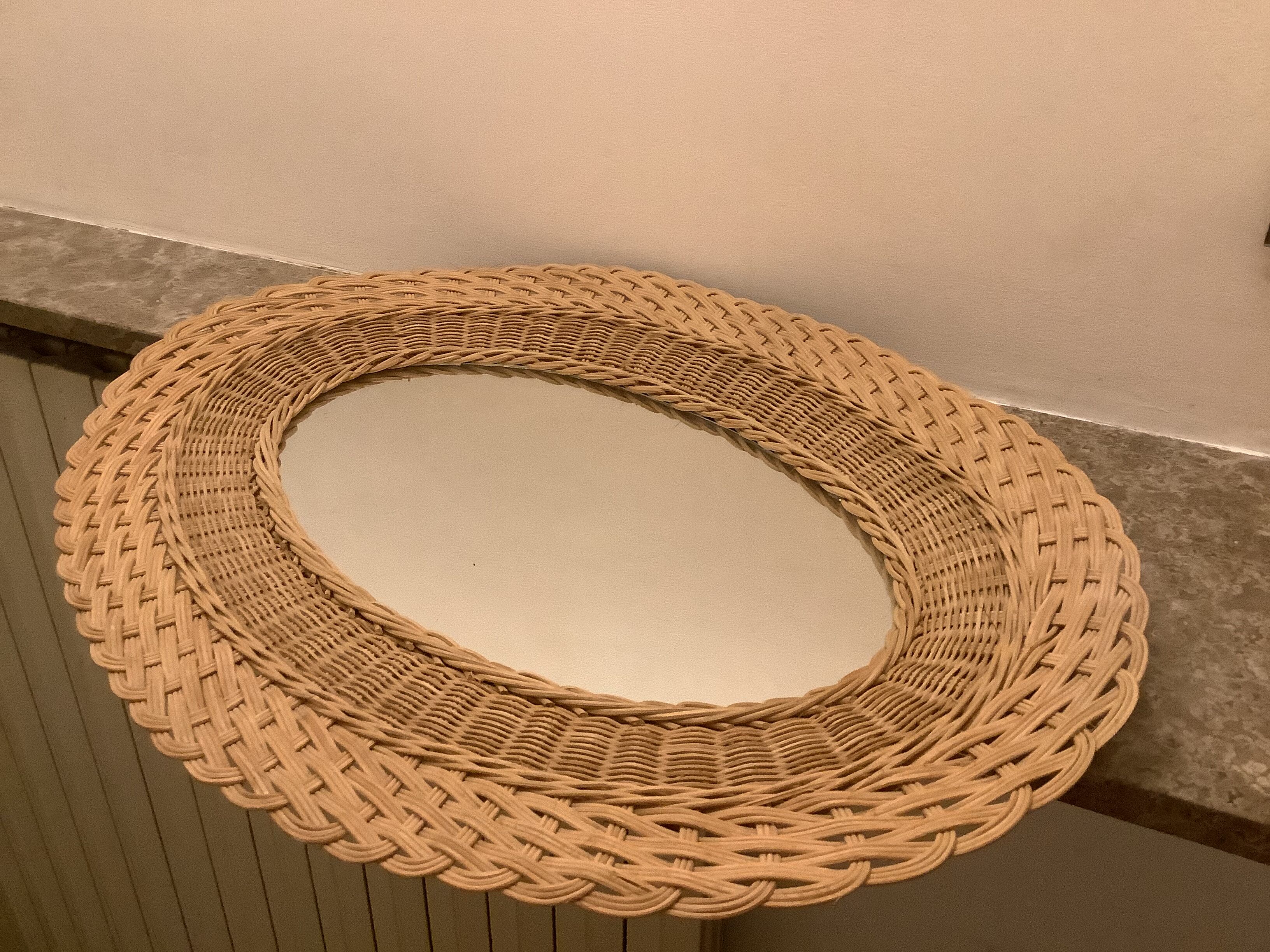 Old oval mirror wicker vintage rattan, 55x43 cm
