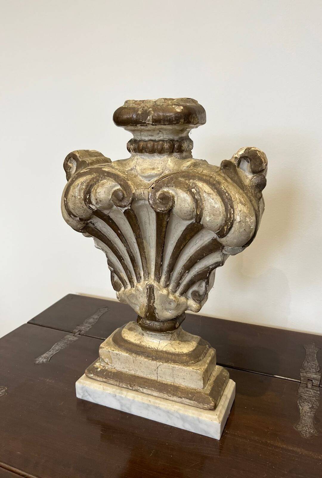 Decorative Element in Carved Wood on a Carrara Marble Base, Baroque I
