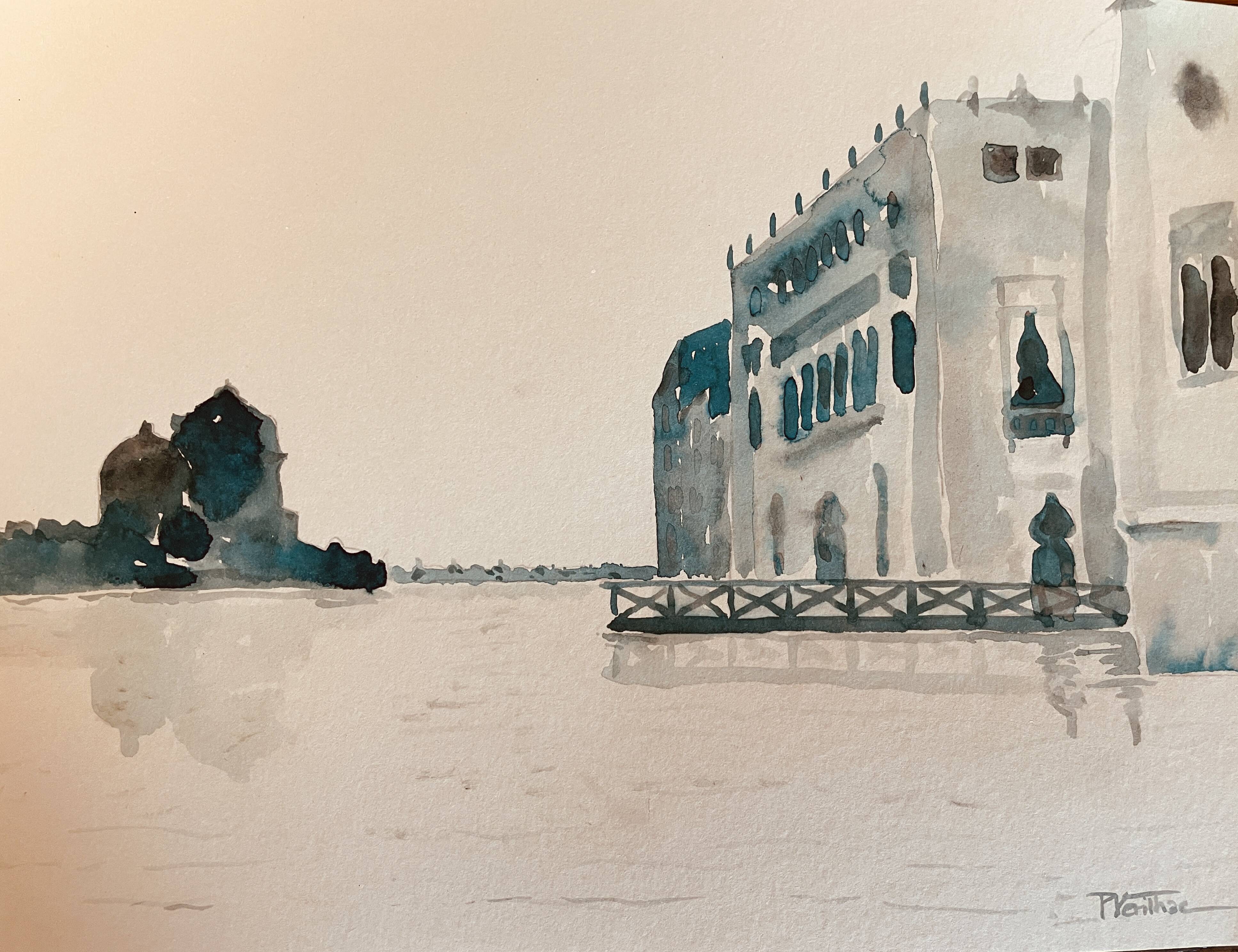 Watercolor painting "Twilight in Venice at the Cipriani", signed