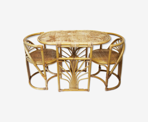 Set de table et chaises compact en bambou et rotin 1970s