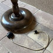 Vintage wooden floor lamp with rotating base and leather shade - 1970s