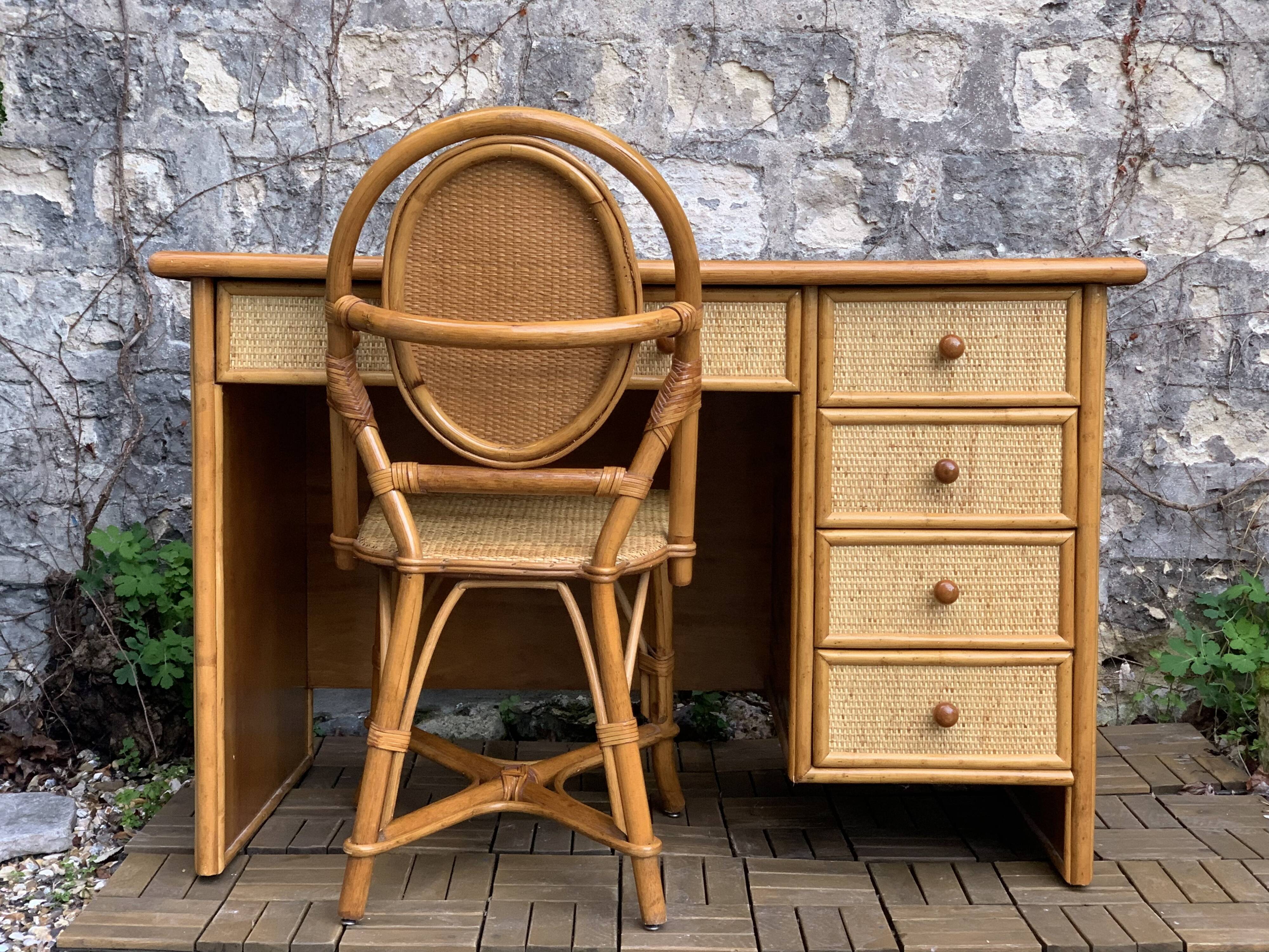 Vintage rattan and woven wicker desk 1970