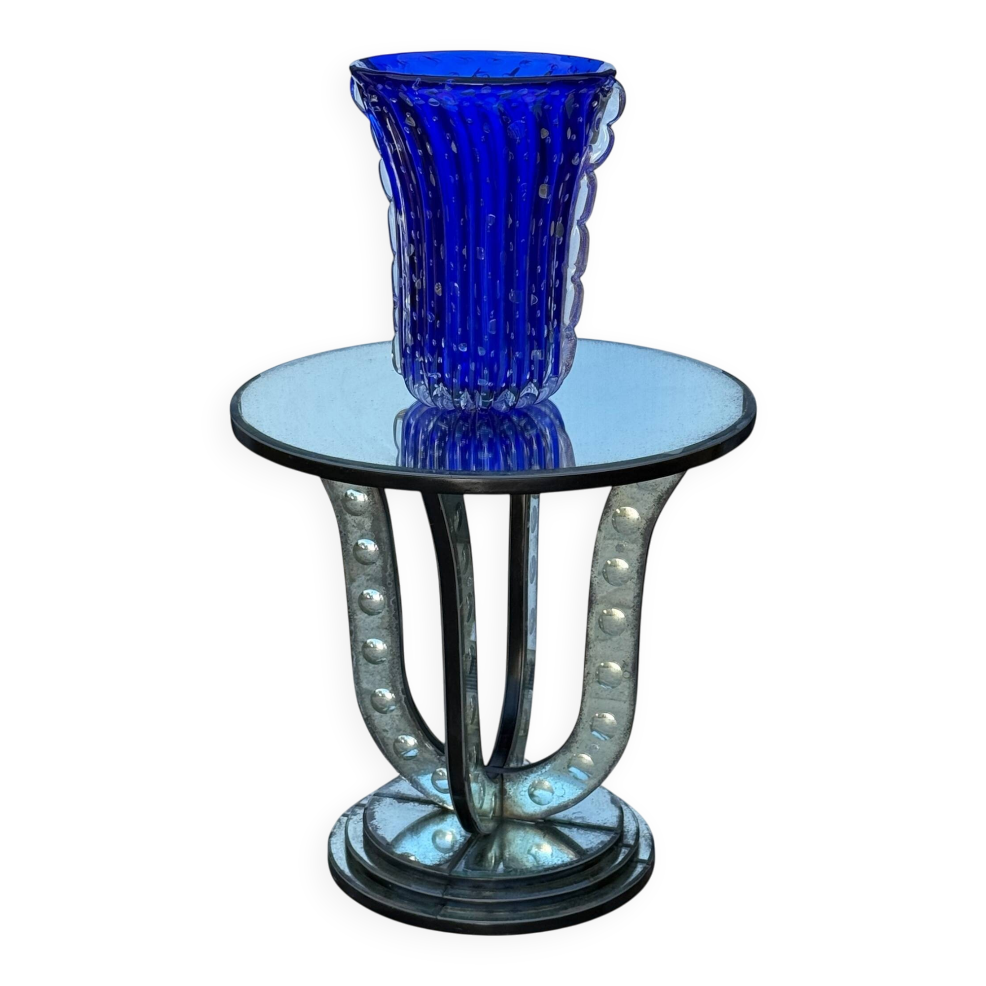 Table / pedestal table in aged glass with bubble decor from the 70s
