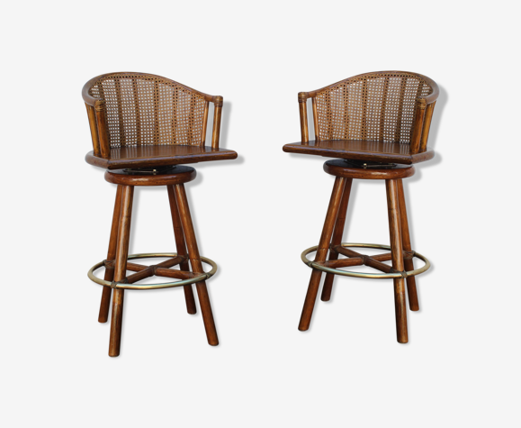 Pair of bamboo bar stools full canned colonial style 1960