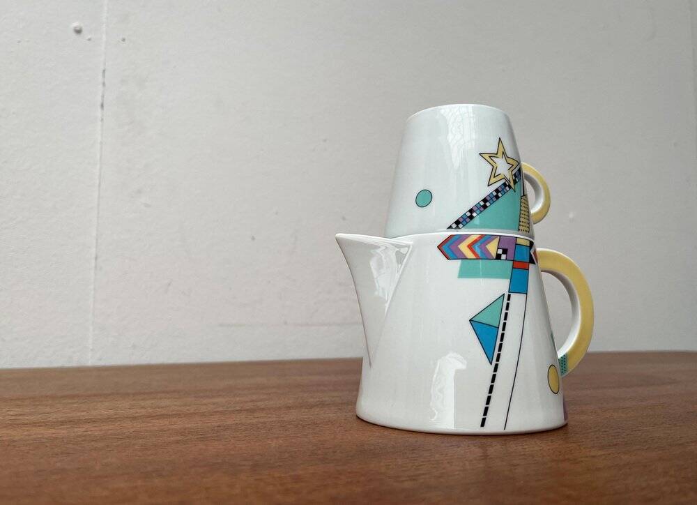 Teapot or coffee pot with cup from the German postmodern VIP collection by Seltmann Weiden, set of 2.