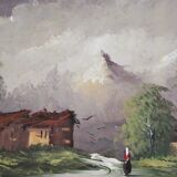 Oil painting on canvas, mountain landscape, Cakv