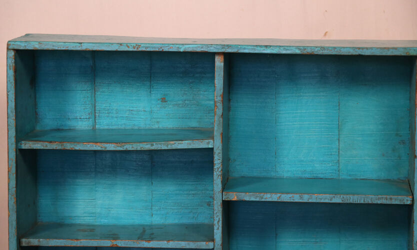 Ancienne étagère d'atelier en teck birman patine bleue d'origine
