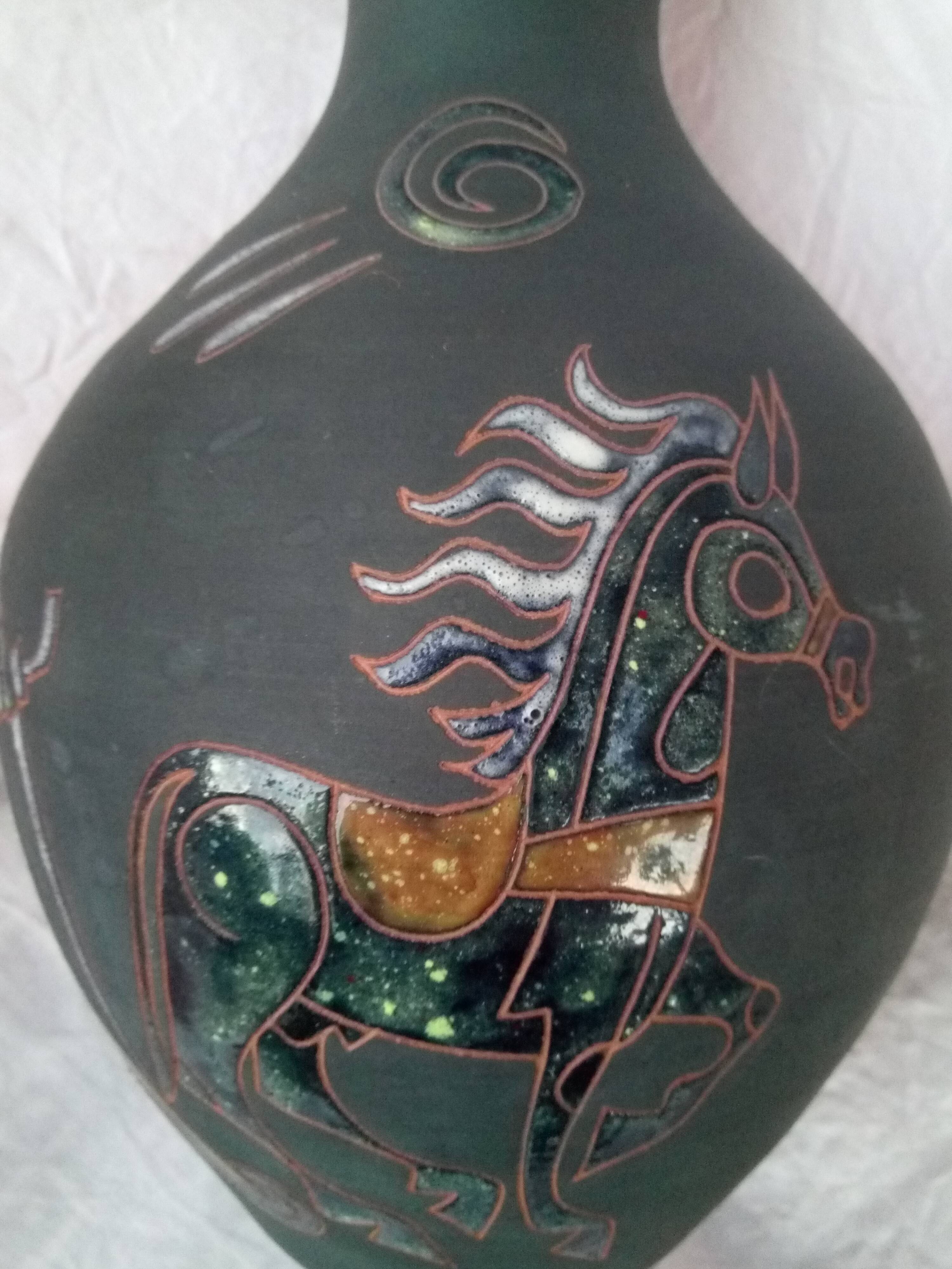 Vase with enamelled mythological decoration, signature to decipher 1950