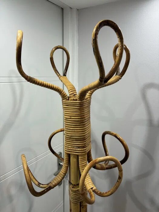 Vintage Italian Bamboo Rattan Coat Stand 1970s