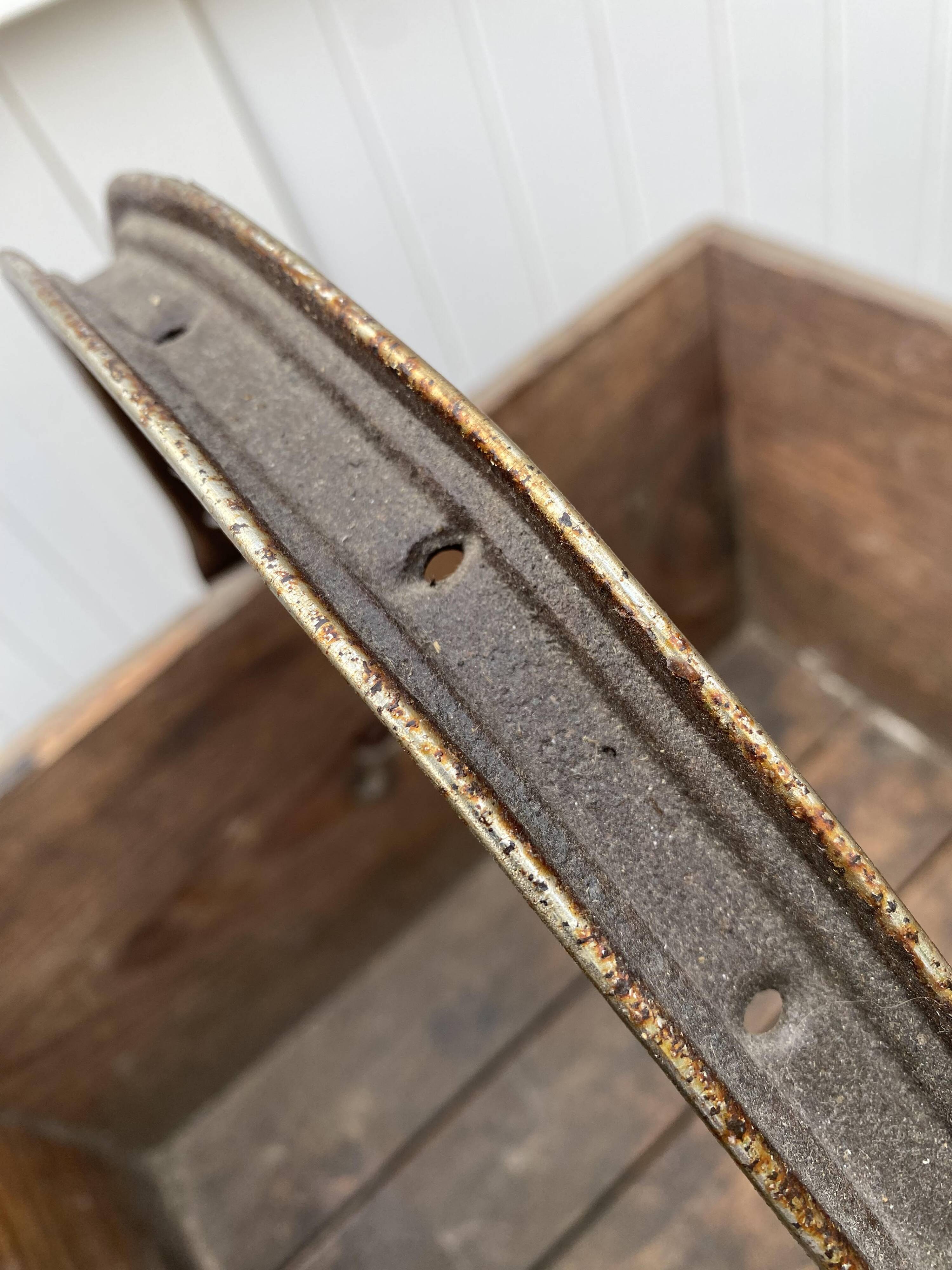 Authentic wooden crate basket with metal handle, old 1950s
