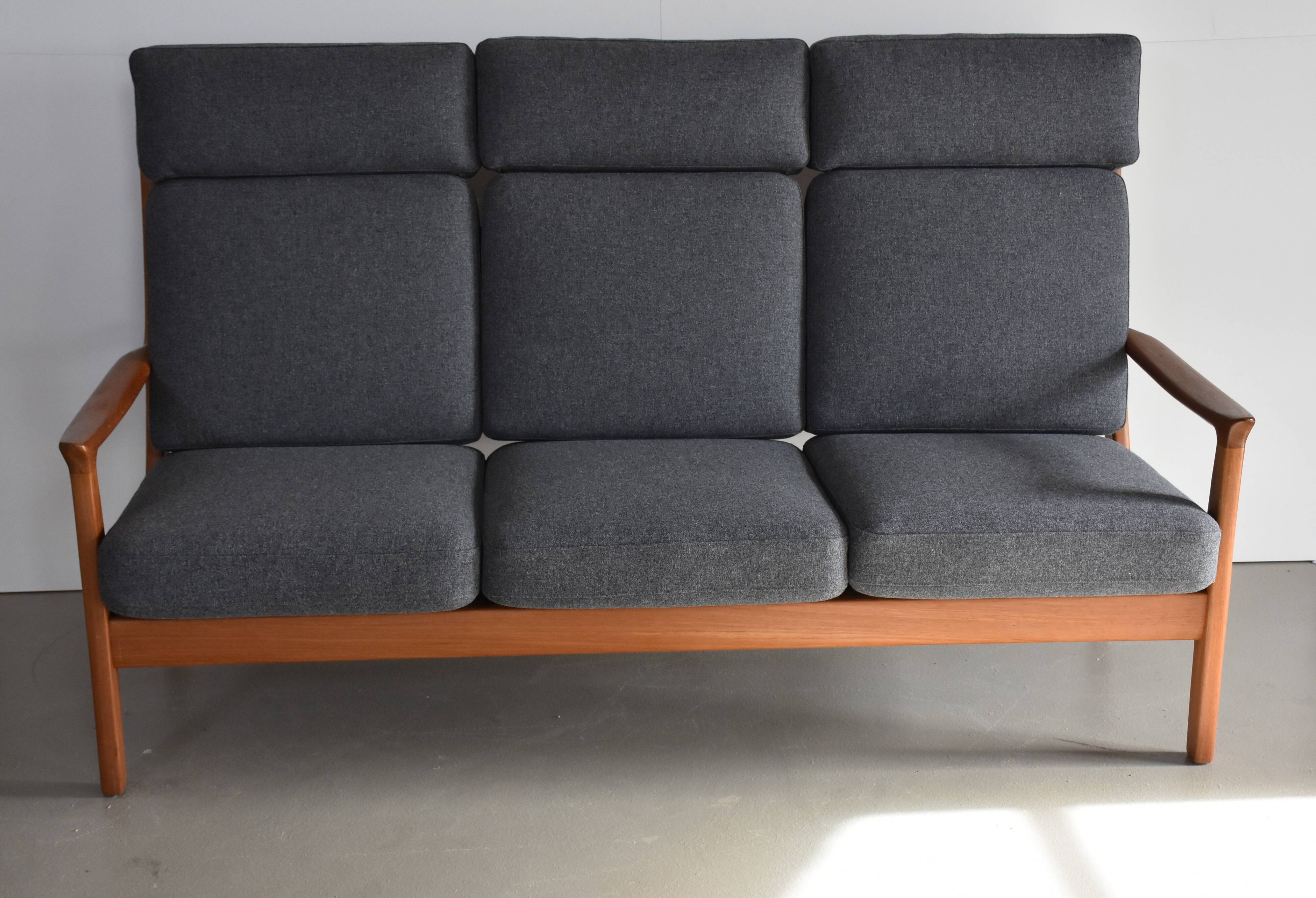 High-back mid century sofa Danish Juul Kristen, Reupholstered in Kvadrat