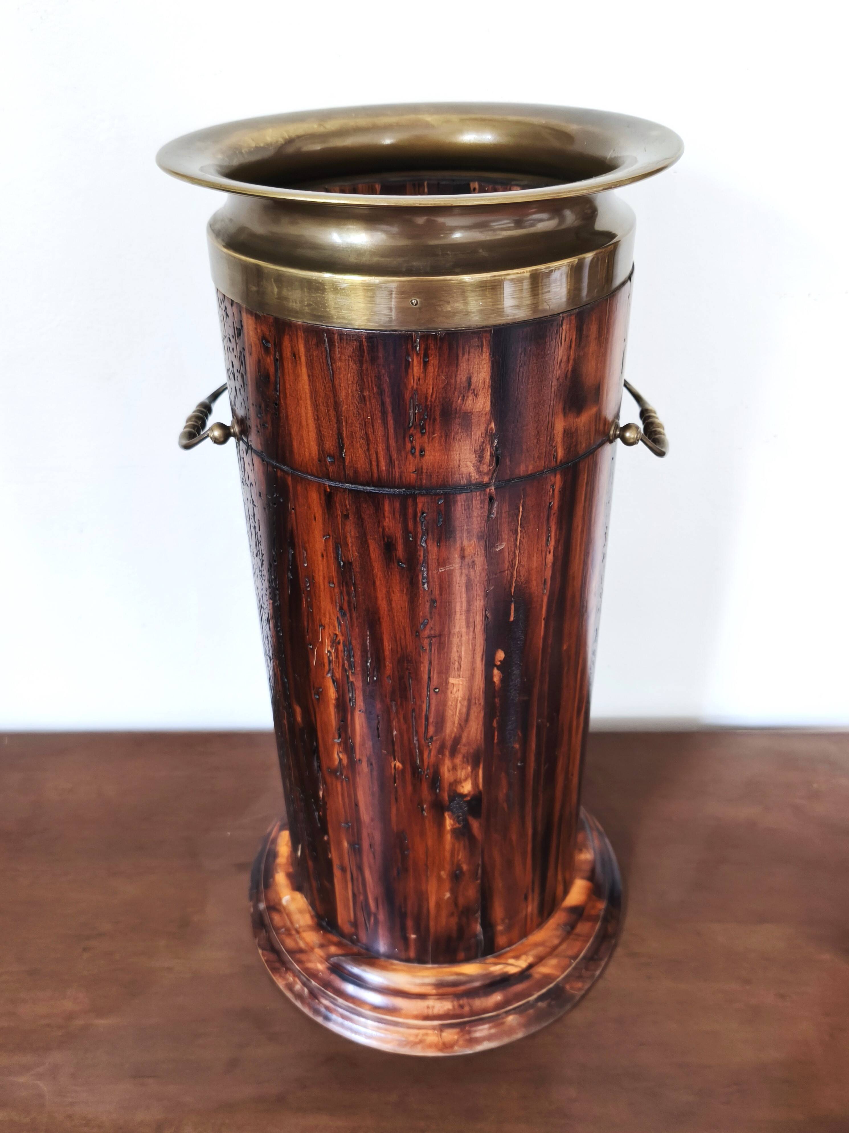 Vintage Florentine umbrella stand made of reclaimed wood and brass.