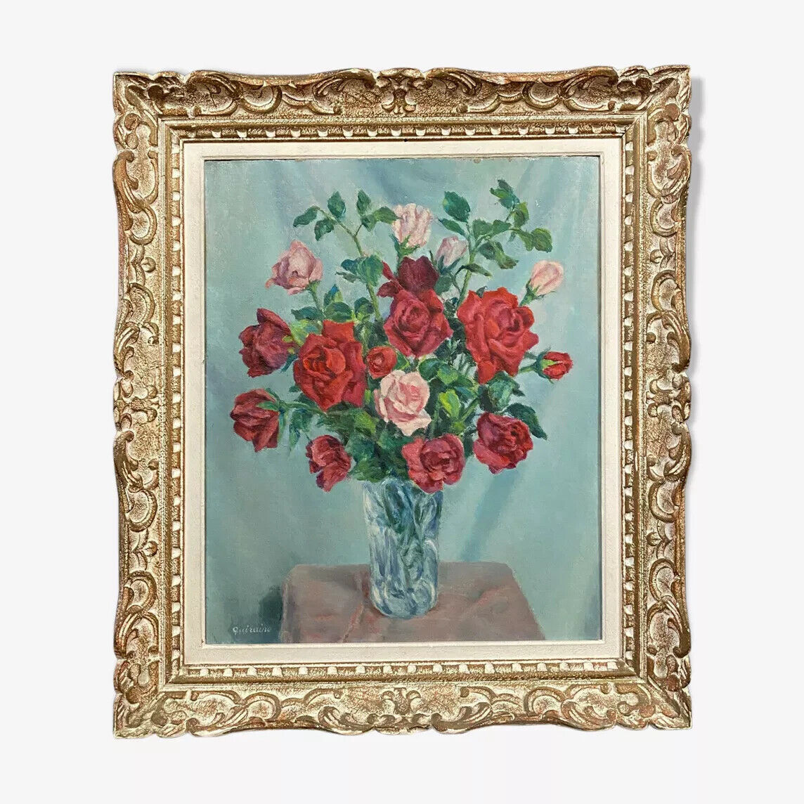 Oil painting on panel still life with roses in a vase