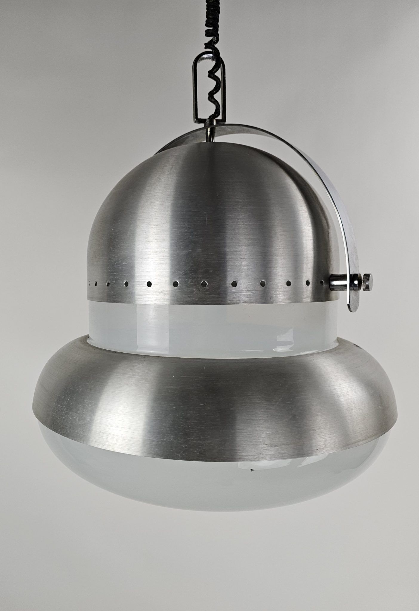 Large pendant lamp in brushed metal and opaline glass, Italy 1970s