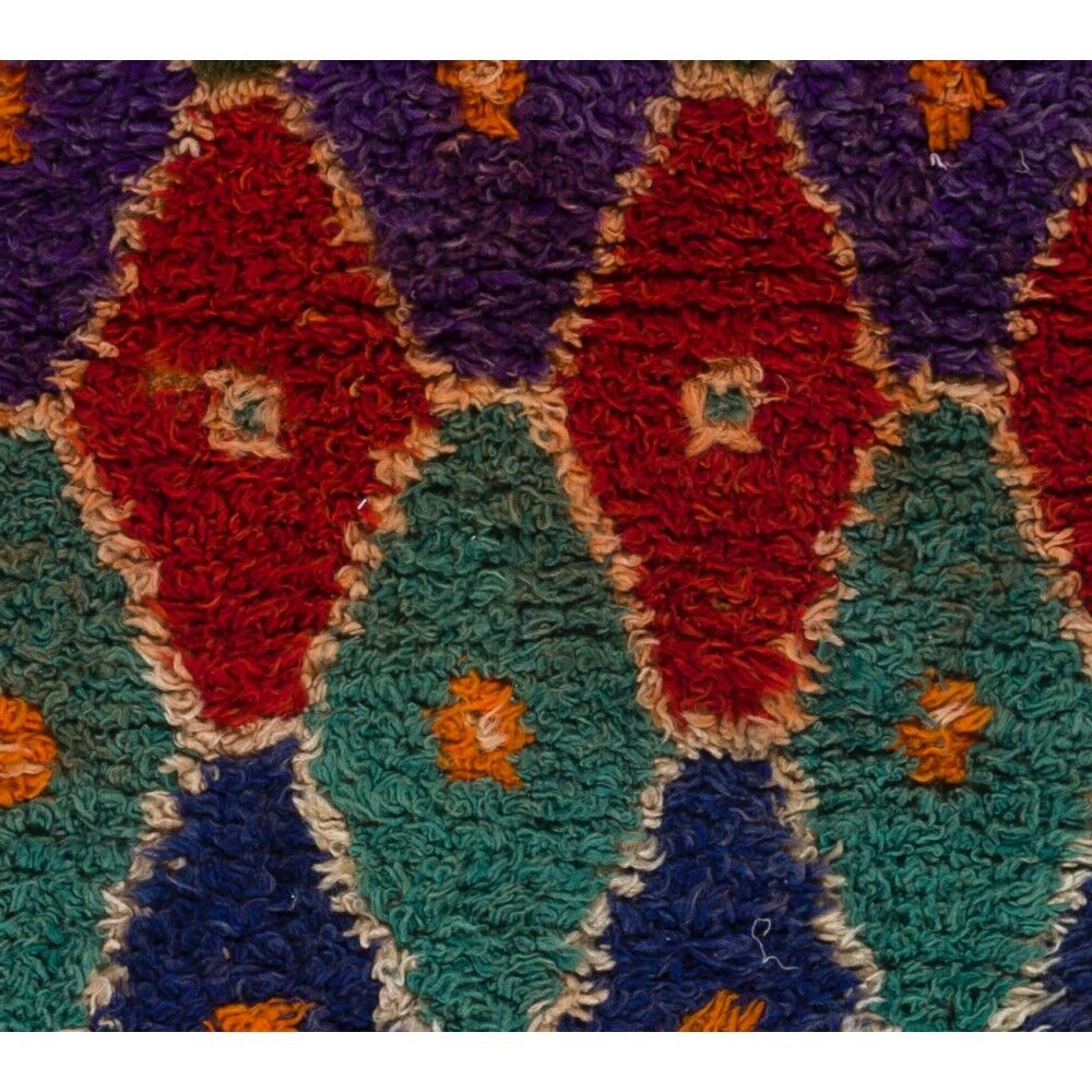 Colorful Vintage Hand-Knotted Turkish Tulu Rug with Geometric Diamond Design, 100% Wool