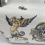 Planter, cache pot, Gien earthenware, rich decoration, Italian Renaissance, winged angel, antique decoration