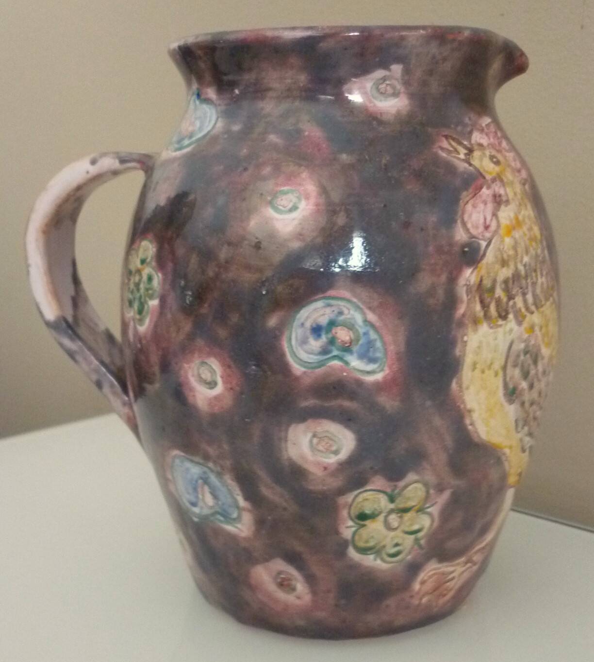 Rooster pitcher vase, glazed ceramic signed Jeanne Azambourg, Le Clos De Joye, 1960s