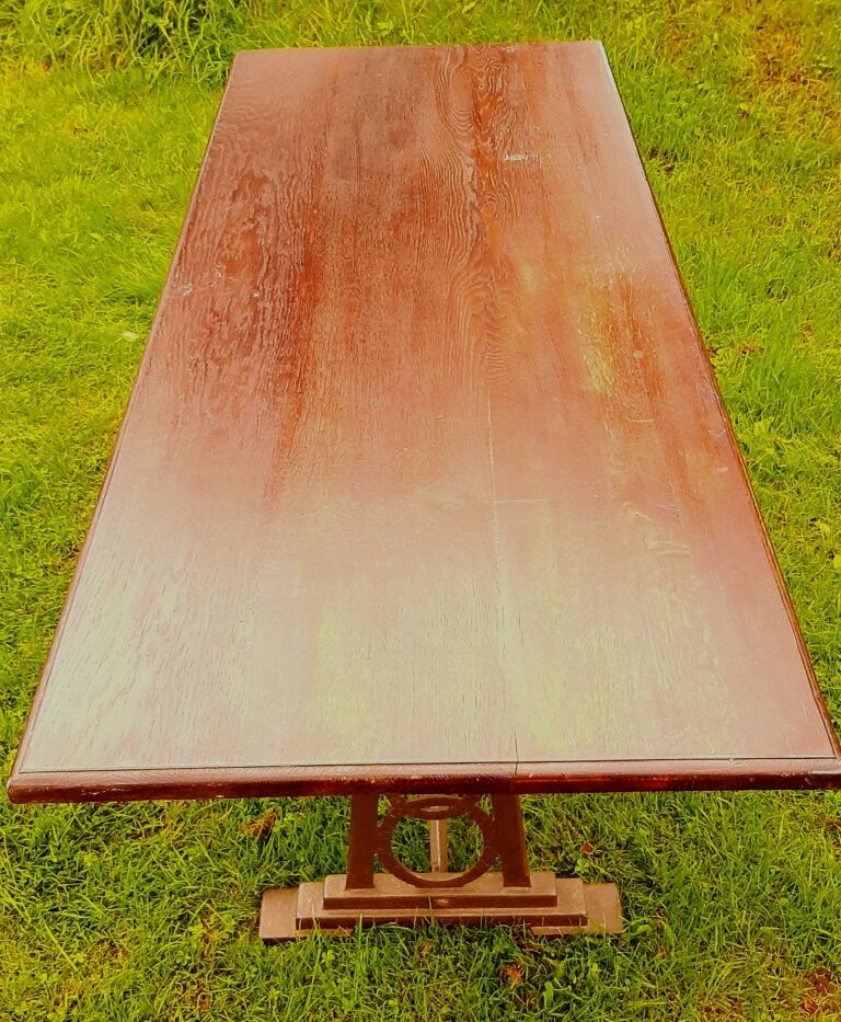 Bistro table, art deco cast iron feet, wood tray