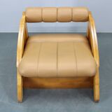 1970s Pair of Rare Oak Armchairs Upholstered in  Leatherette, Czechoslovaki