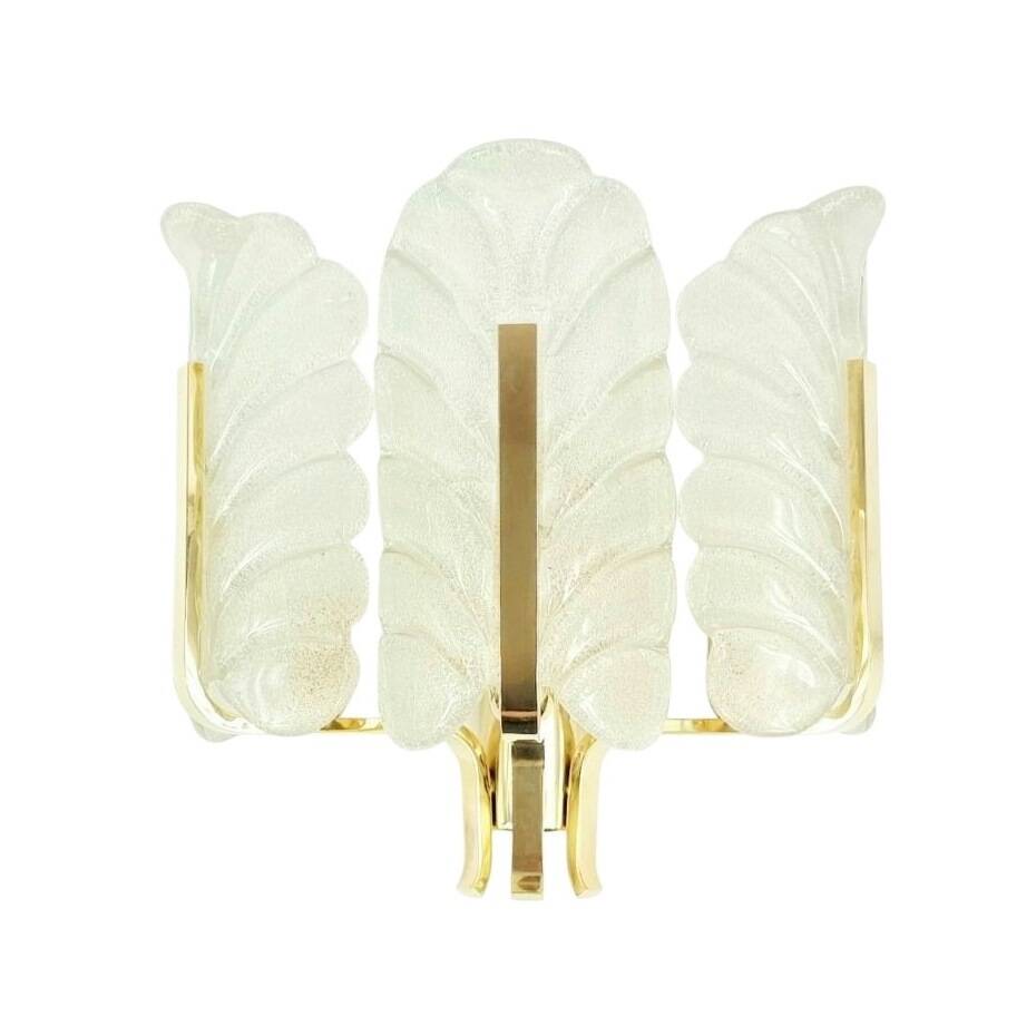 Large Scandinavian Glass & Brass Leaf Wall Light by Carl Fagerlund for Orrefors, 1960s