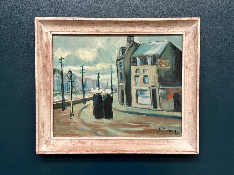 Original Swedish Oil on Panel – "Figures in the Street" by R. Eichburn – Signed – Dated 1936 – Framed – 47 × 39 cm (18.5" × 15.4")