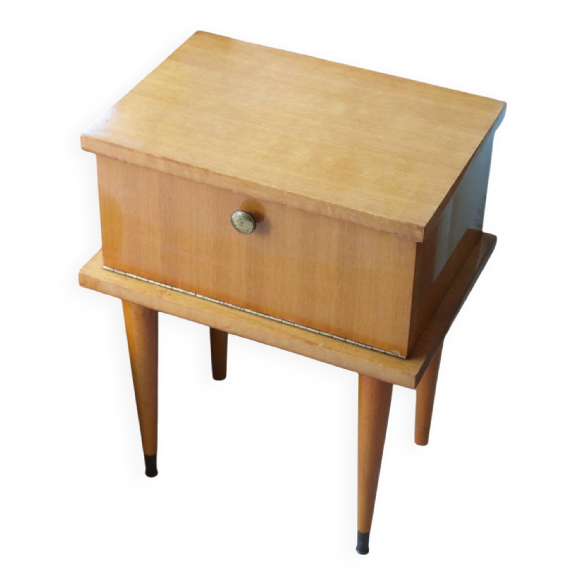 Modernist bedside table from the 1950s with compass legs.