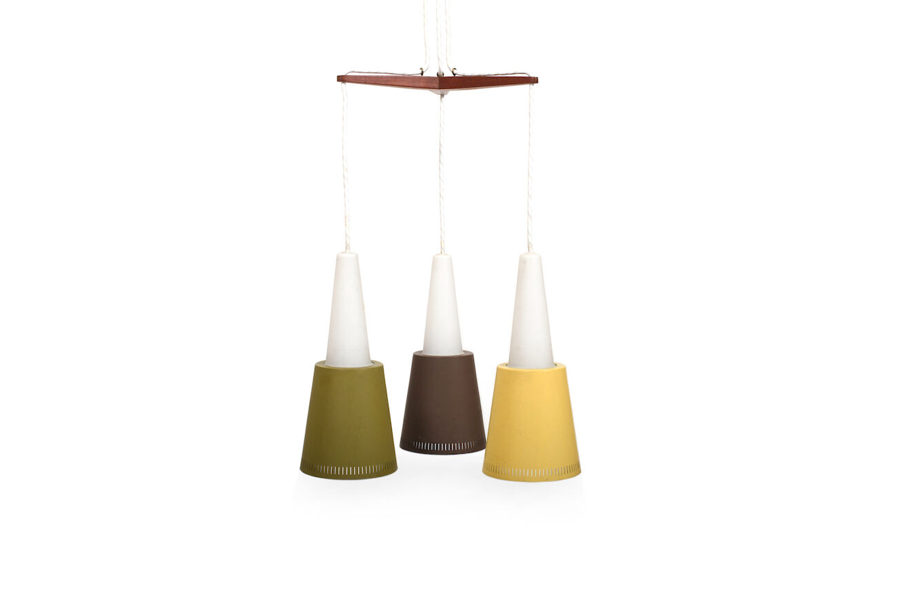 Mid Century Danish Hanging Lamp in Teak and Colored Shades
