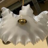 Vintage opaline glass pendant lamp pleated snowflake shape new golden threads and socket
