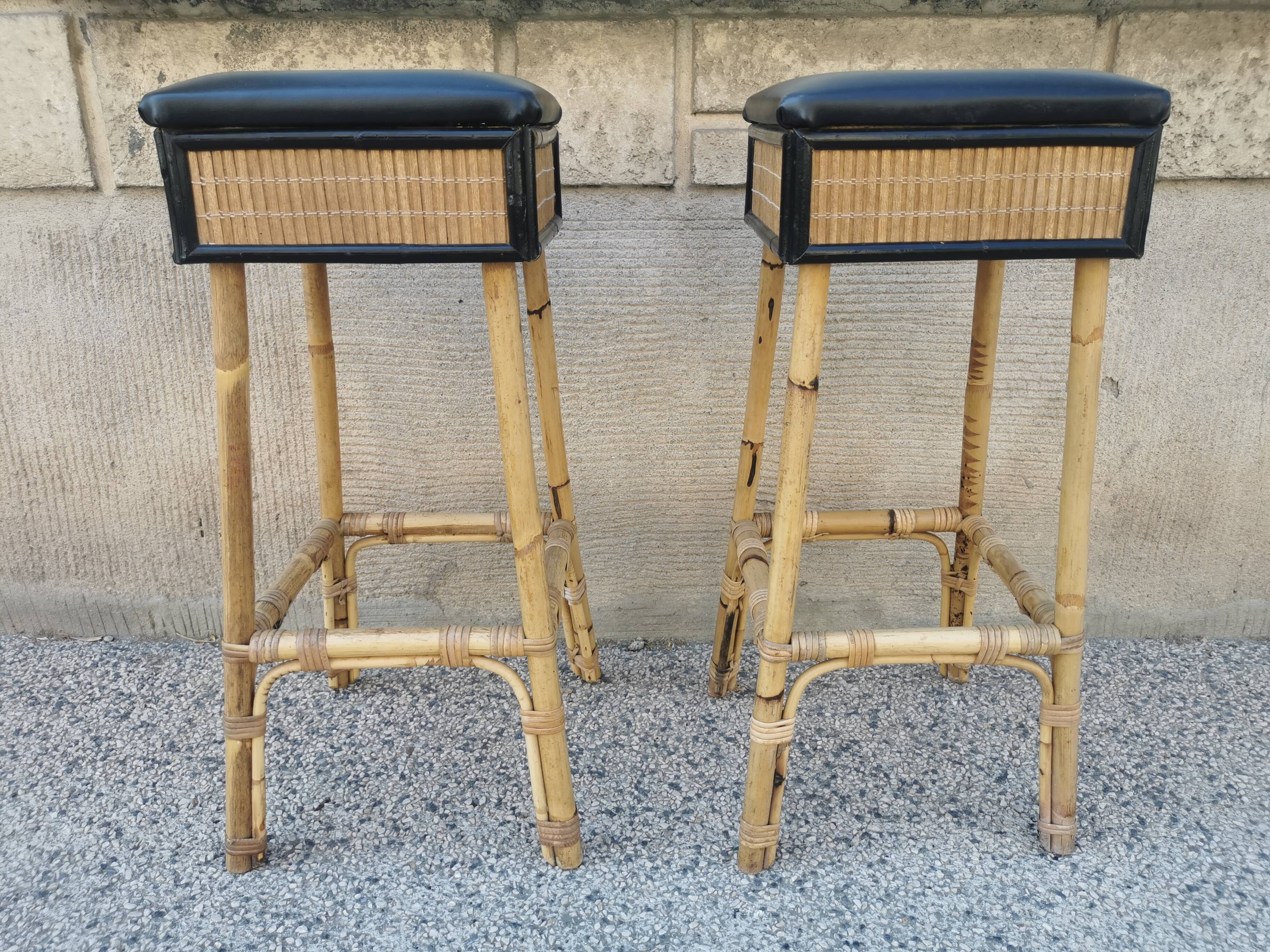 Pair of vintage bamboo stools from the 70s